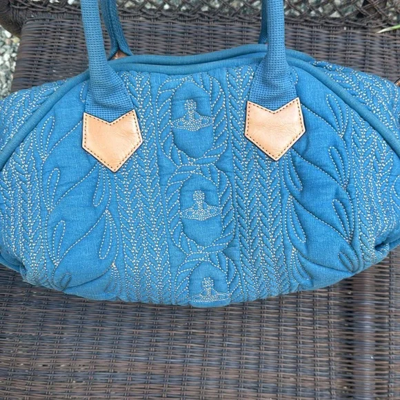 SOLD LIVE! Rare Vivienne Westwood Blue Quilted Satchel wTan Leather Accents - Picture 10 of 14